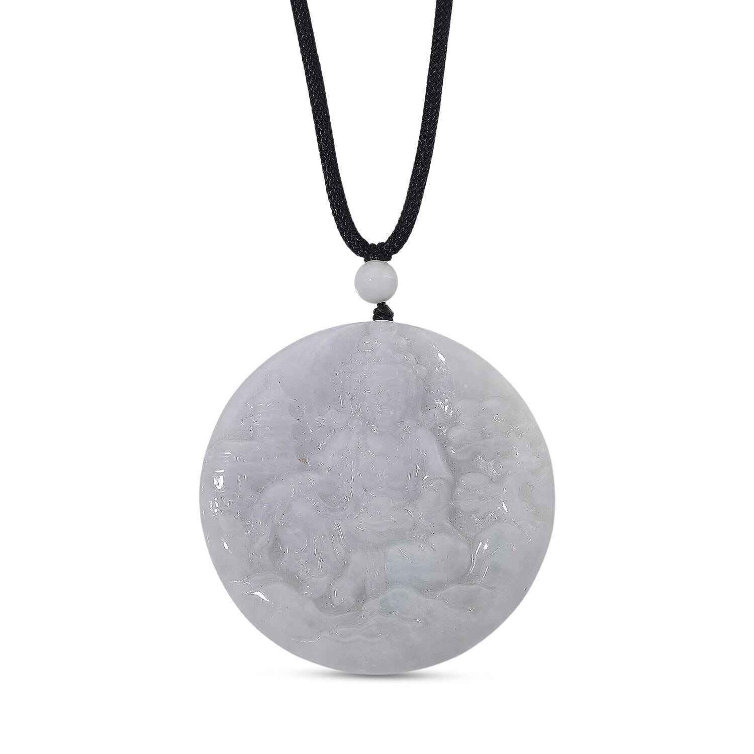 Natural Jade 160.00 ctw Carved Buddha Pendant with Black Rope Cord Necklace (28 Inches)