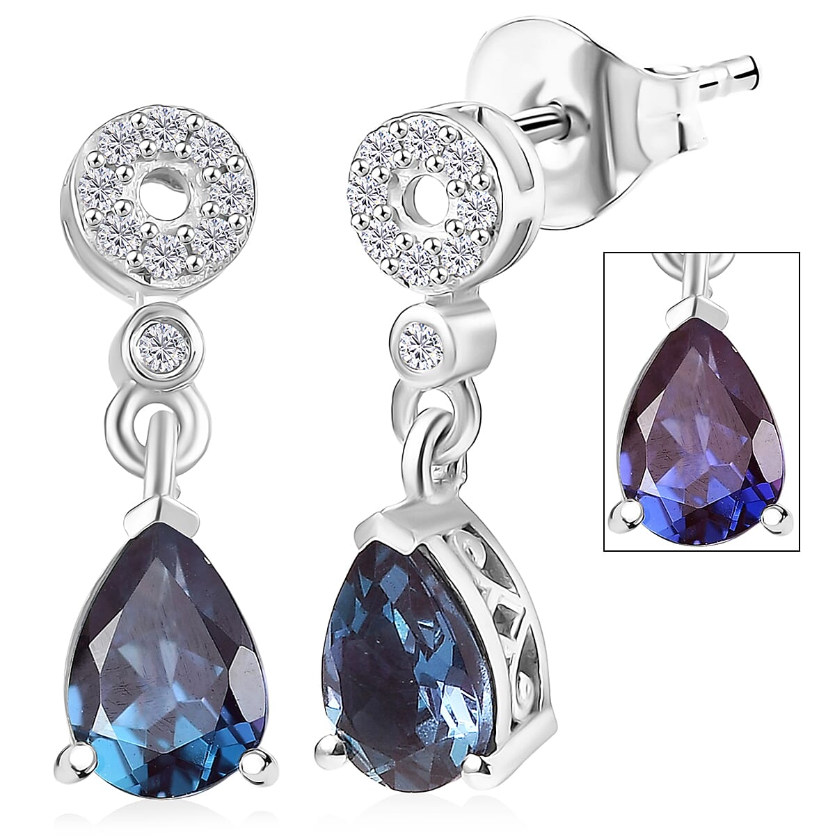 Luxuriant AAA Lab Grown Alexandrite and White Zircon 1.75 ctw Earrings in Rhodium Over Sterling Silver