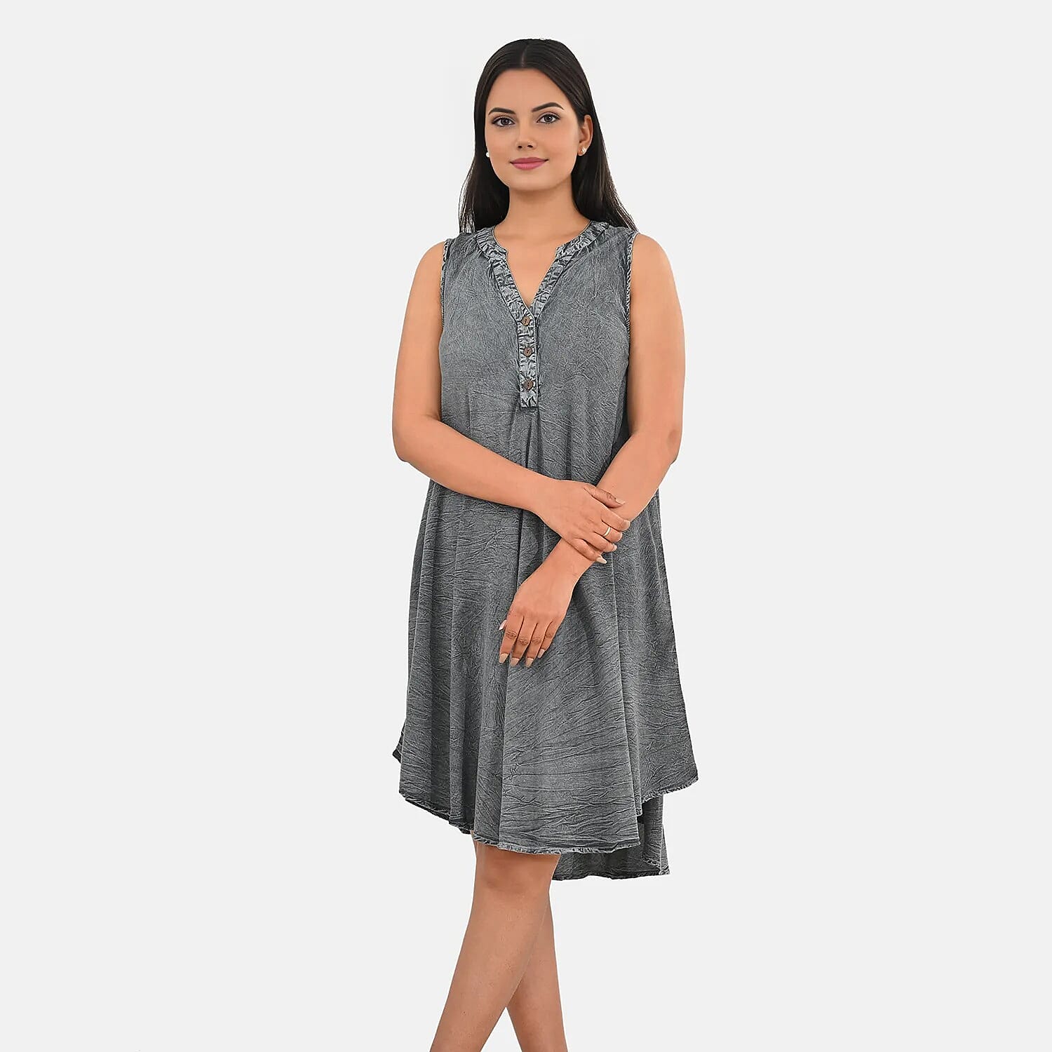 La Marey Gray Solid Wash Umbrella Dress with collar and Buttons - One Size Plus