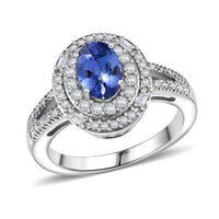 D'Joy Premium Tanzanite, Moissanite Halo Ring in Rhodium Over Sterling Silver (Size 10.0) 1.60 ctw
