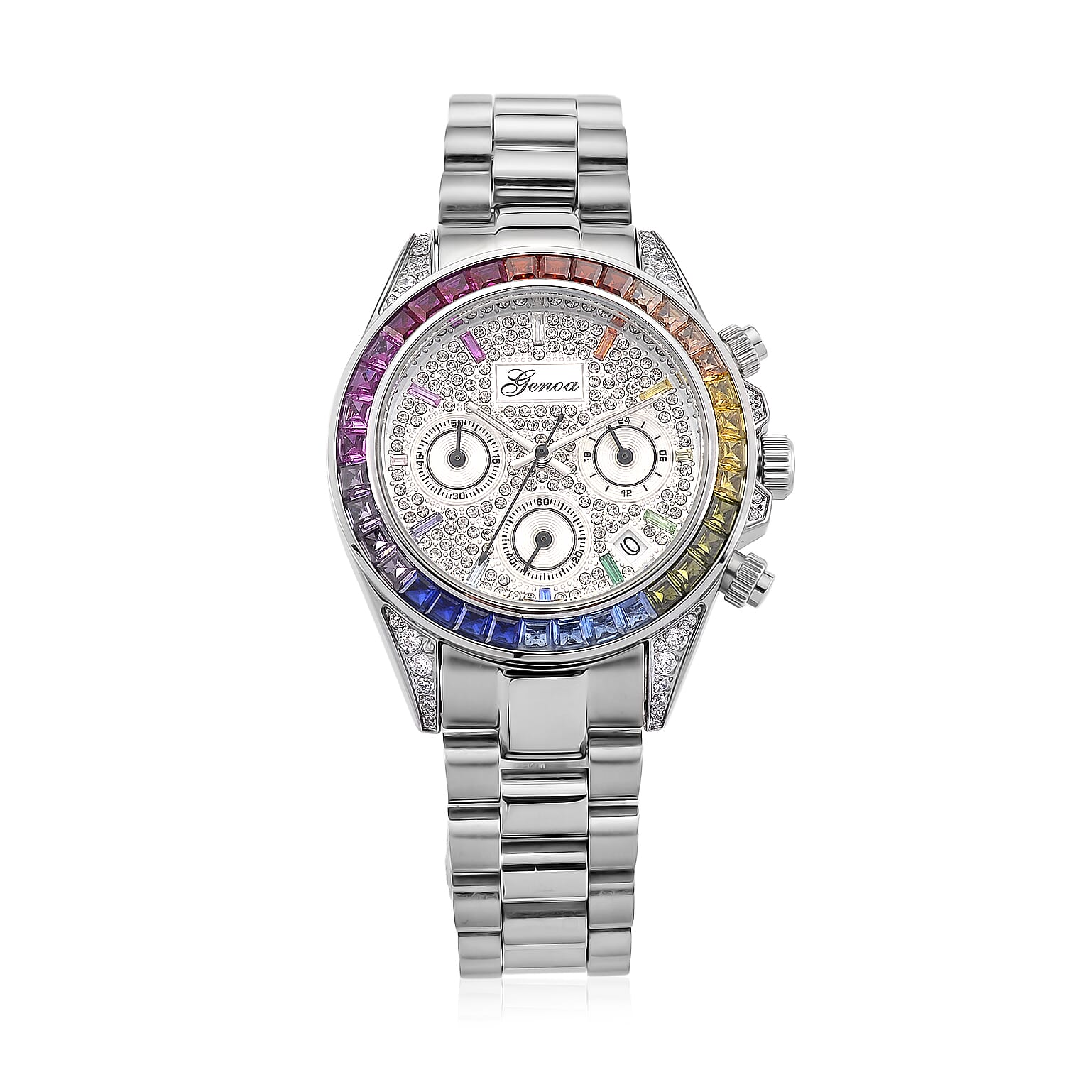 Genoa Simulated Multi Diamond Japanese movement Rainbow Multifunction Watch in Silvertone 2.00 ctw