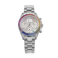 Genoa Simulated Multi Diamond Japanese movement Rainbow Multifunction Watch in Silvertone 2.00 ctw