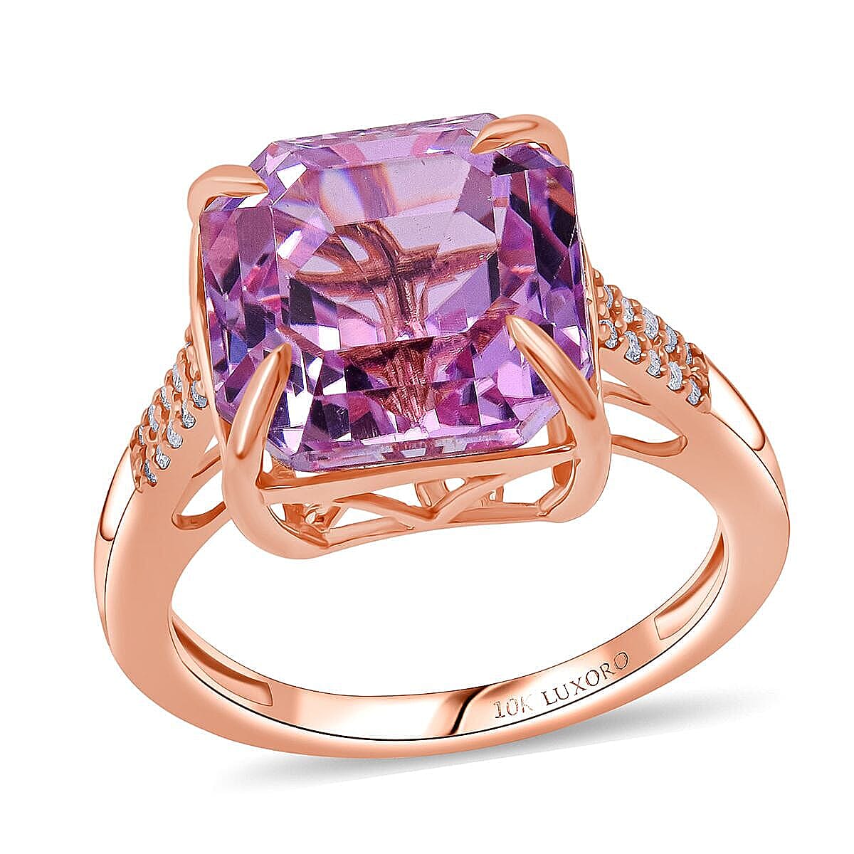 Luxoro 10K Rose Gold AAAA Asscher Cut Patroke Kunzite, Diamond (I2) Ring (Size 6.0) 10.73 ctw