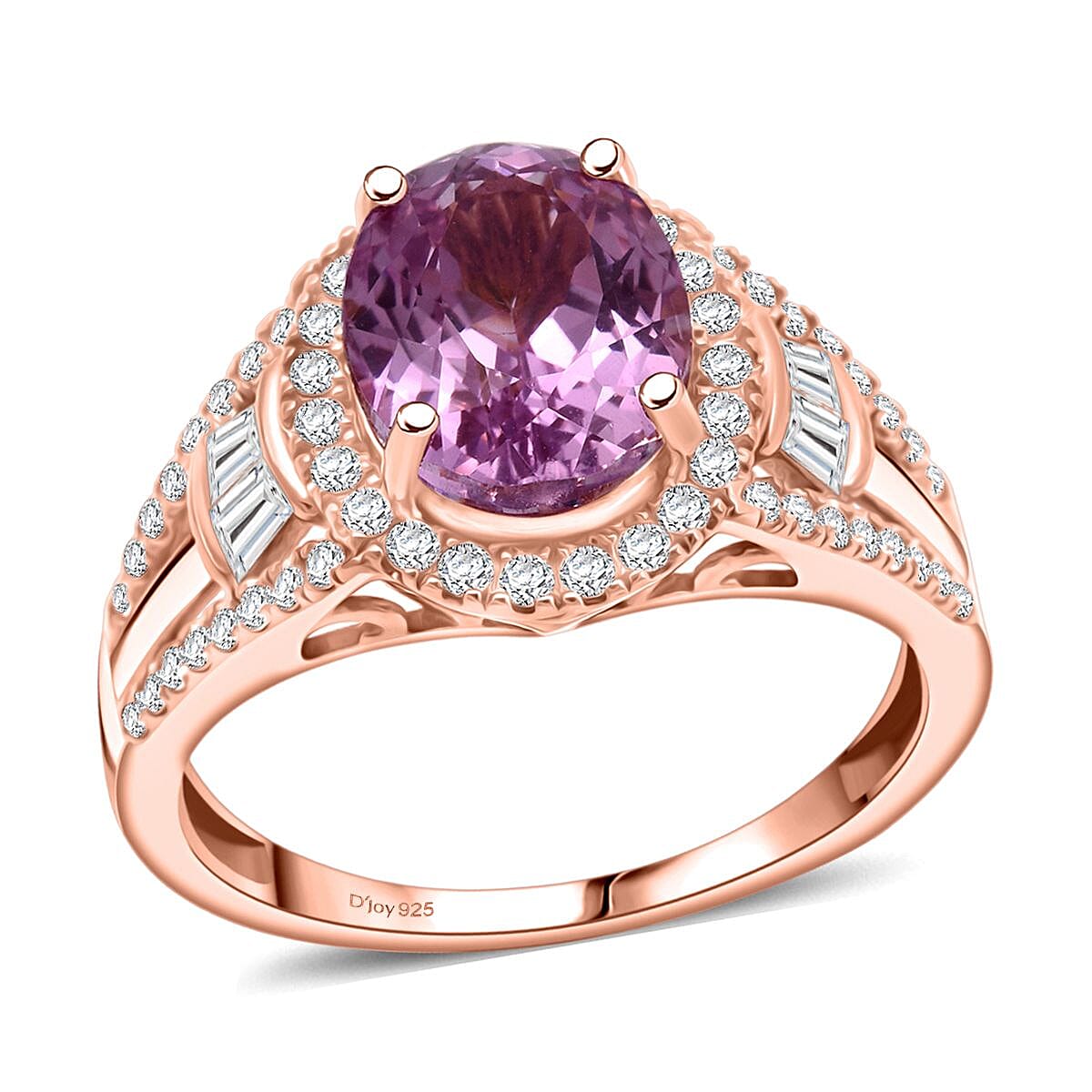 D'Joy AAAA Patroke Kunzite, Moissanite Ring in 18K Vermeil RG Over Sterling Silver (Size 10.0) 4.25 ctw