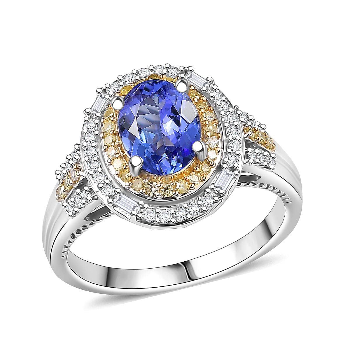 Doorbuster D'Joy Premium Tanzanite, Natural Yellow and White Diamond (0.35 cts) Ring in Rhodium Over Sterling Silver (Size 10.0) 1.60 ctw