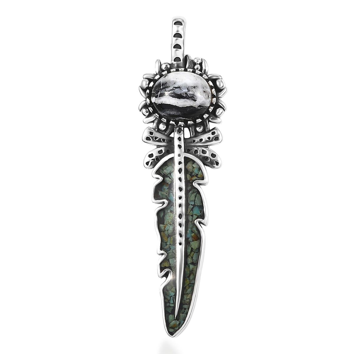 D'Joy Artisan Crafted White Buffalo, Royston Turquoise Feather Pendant without Chain Sterling Silver 17.70 ctw