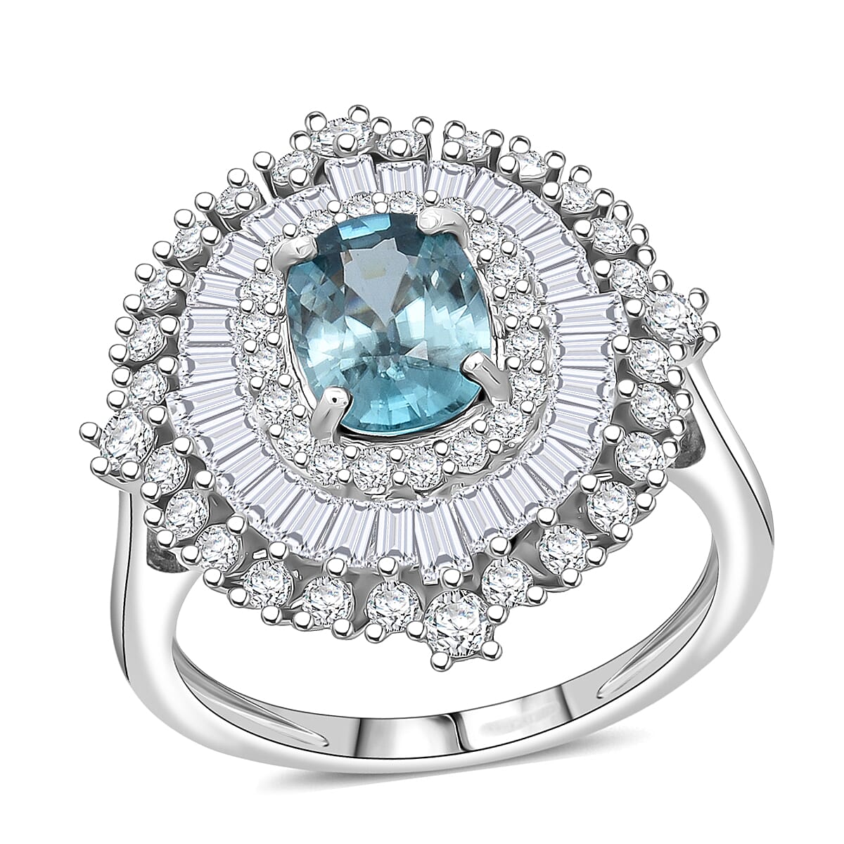 D'Joy Premium Cambodian Blue Zircon and Moissanite 3.50 ctw Ring in Rhodium Over Sterling Silver (Size 7.0)