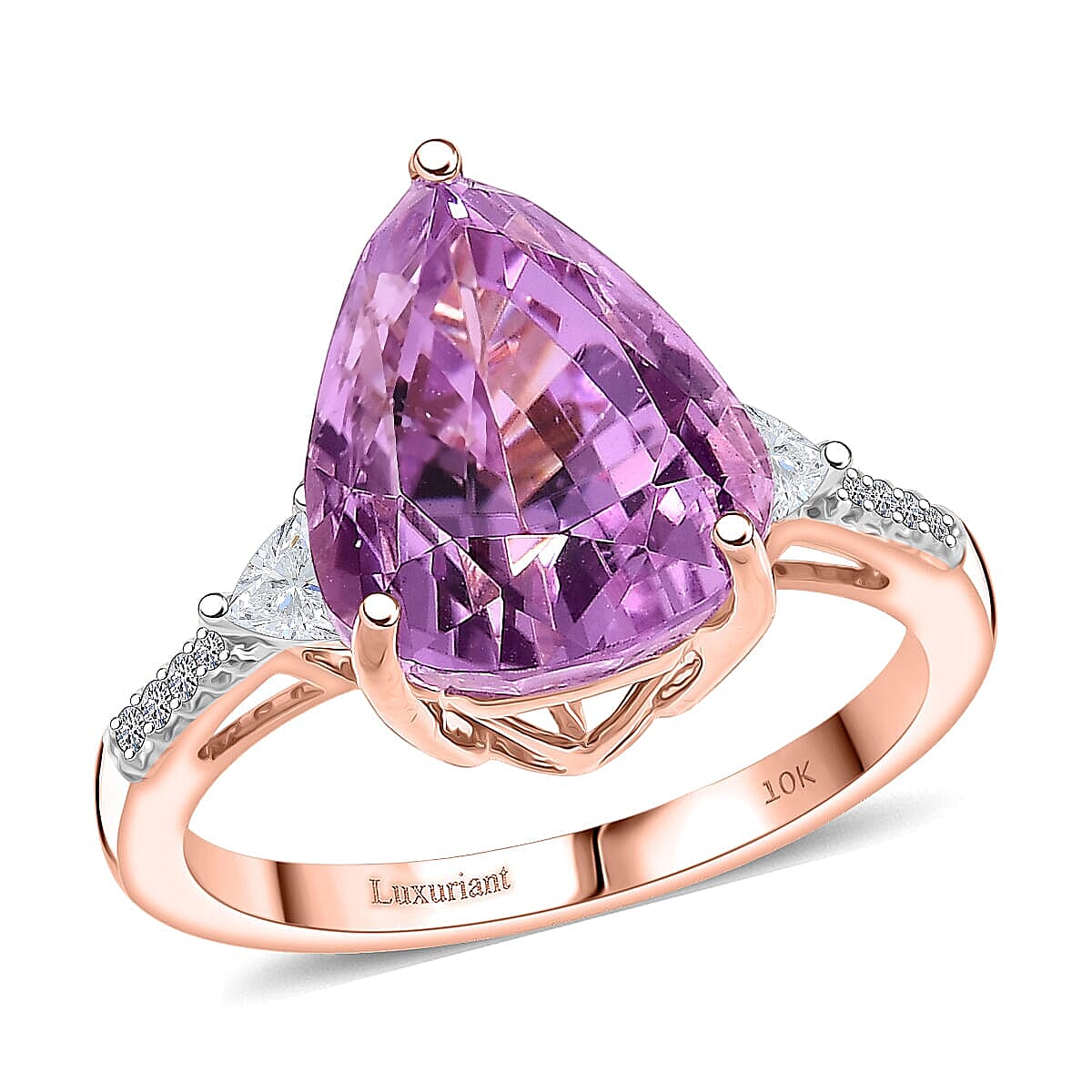 10K Rose Gold AAA Patroke Kunzite, Luxuriant Lab Grown Diamond (E-F, VS) (0.34 cts) Ring (Size 10.0) 5.75 ctw