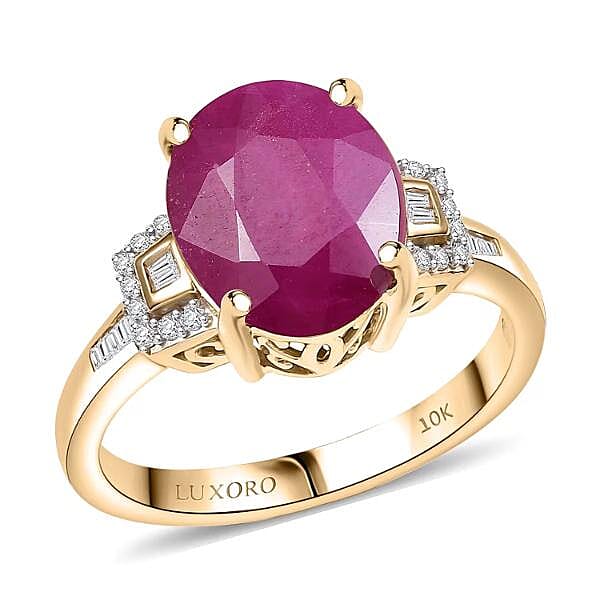 Luxoro 10K Yellow Gold AAA Royal Ruby, Diamond (G-H, I2) (0.16 cts) Ring (Size 10.0) 5.65 ctw
