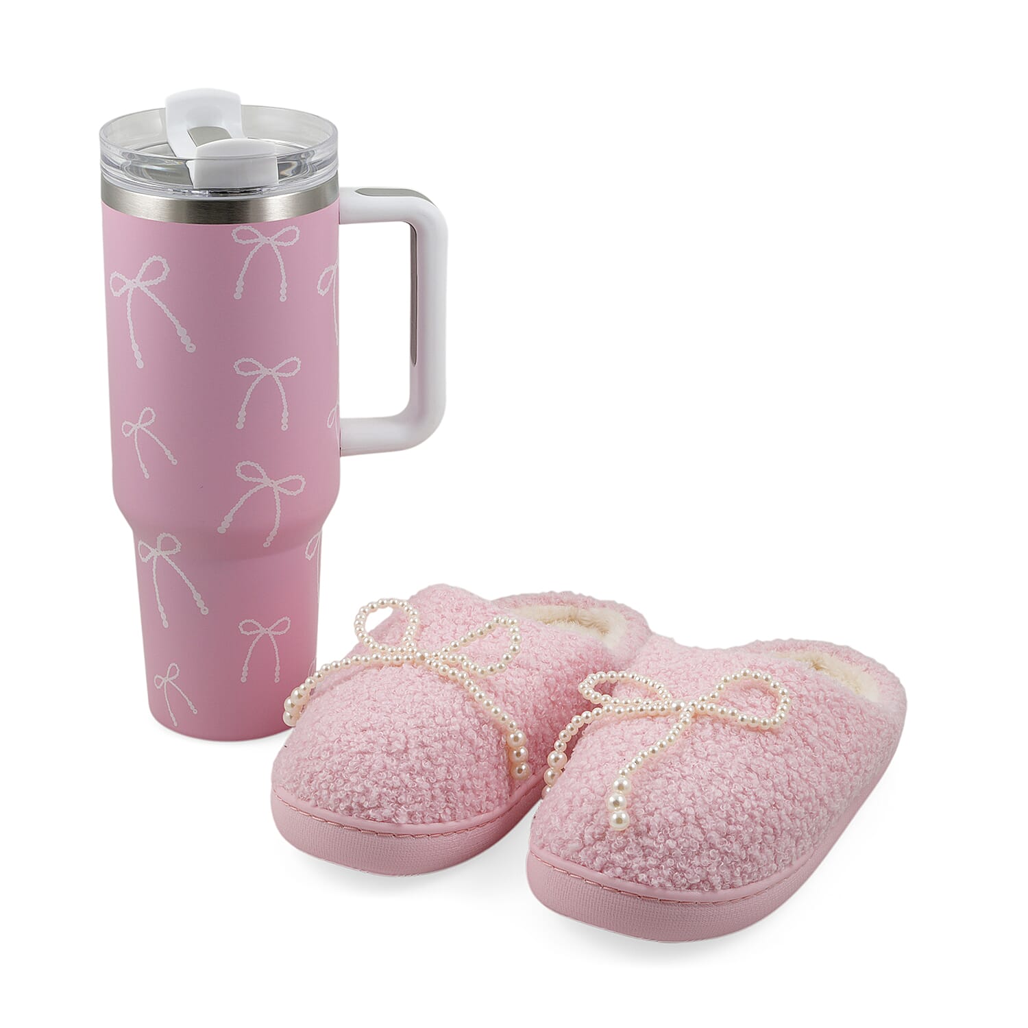 RAMPAGE Blue Bow Teddy Slippers with Matching Stainless Steel Water Bottle Gift Box – Large (9/10)