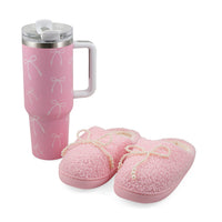 RAMPAGE Blue Bow Teddy Slippers with Matching Stainless Steel Water Bottle Gift Box – Large (9/10)