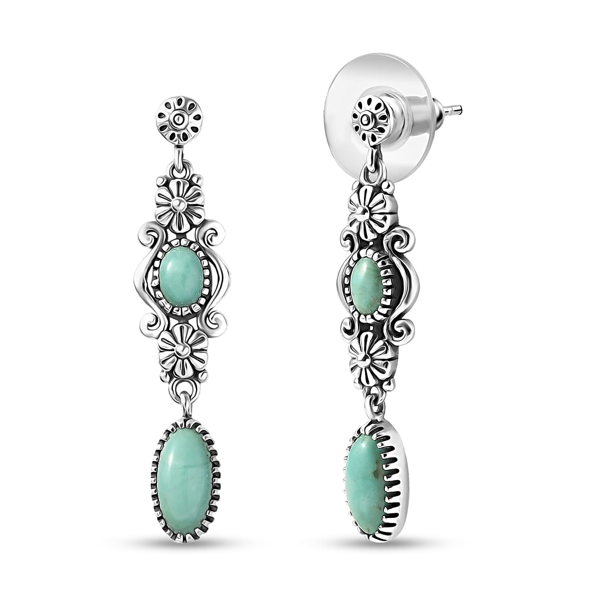 D'Joy Indian Artisan Crafted Tahoe Nevada Turquoise Floral Earrings in Oxidised Sterling Silver 3.00 ctw