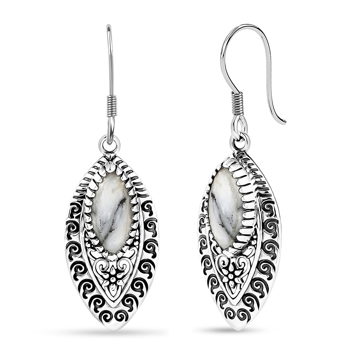 D'Joy Indian Artisan Crafted Premium White Buffalo 6.00 ctw Earrings in Black Oxidised Sterling Silver