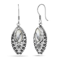 D'Joy Indian Artisan Crafted Premium White Buffalo 6.00 ctw Earrings in Black Oxidised Sterling Silver