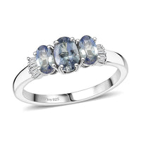 D'Joy Peacock Tanzanite, Diamond 3 Stone Ring in Rhodium Over Sterling Silver (Size 10.0) 1.10 ctw