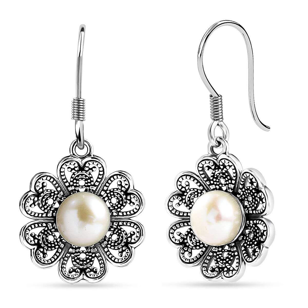 D'Joy Indian Artisan Crafted Freshwater Pearl Earrings in Oxidised Sterling Silver