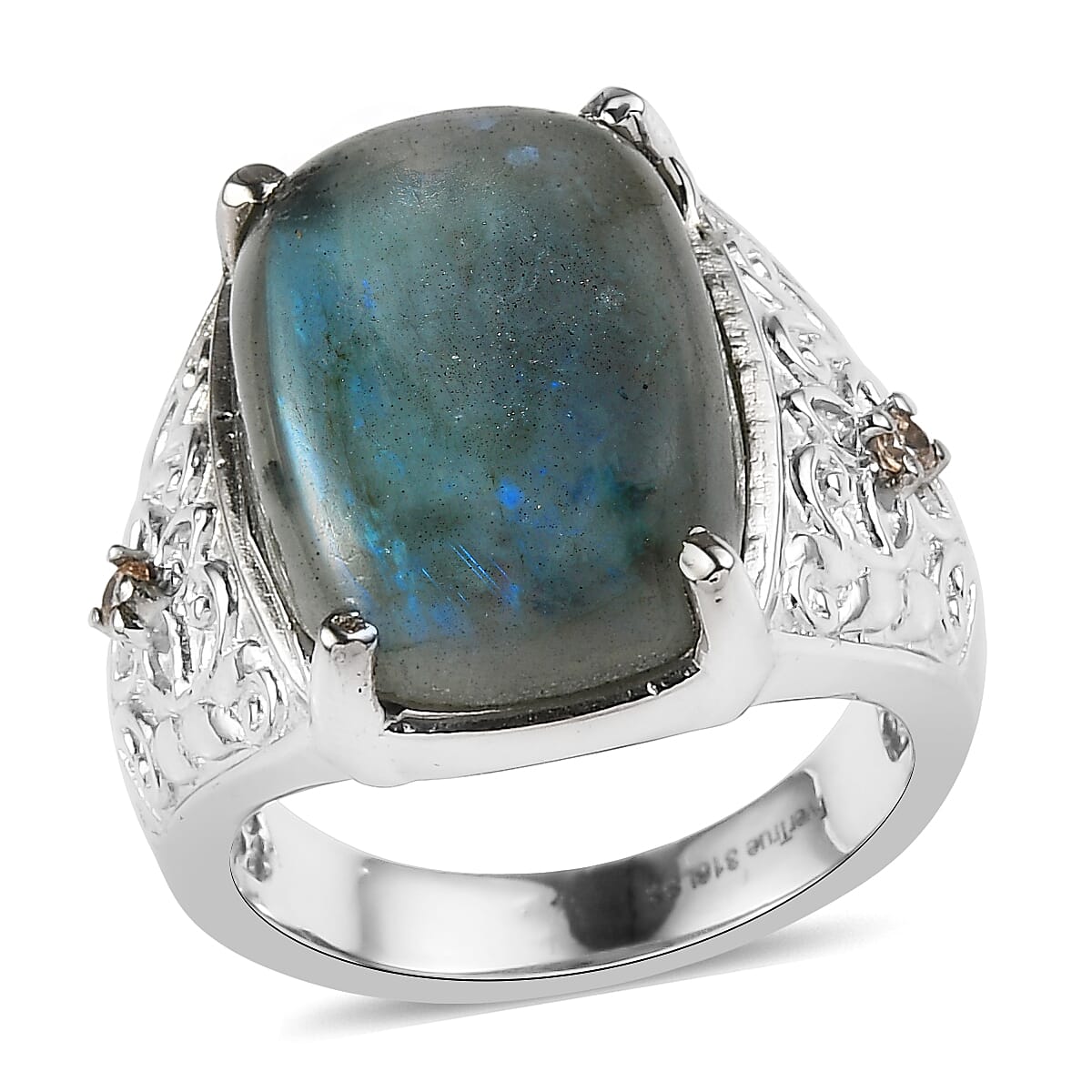 EverTrue Malagasy Labradorite, Simulated Champagne Diamond Ring in Stainless Steel (Size 10.0) 12.60 ctw