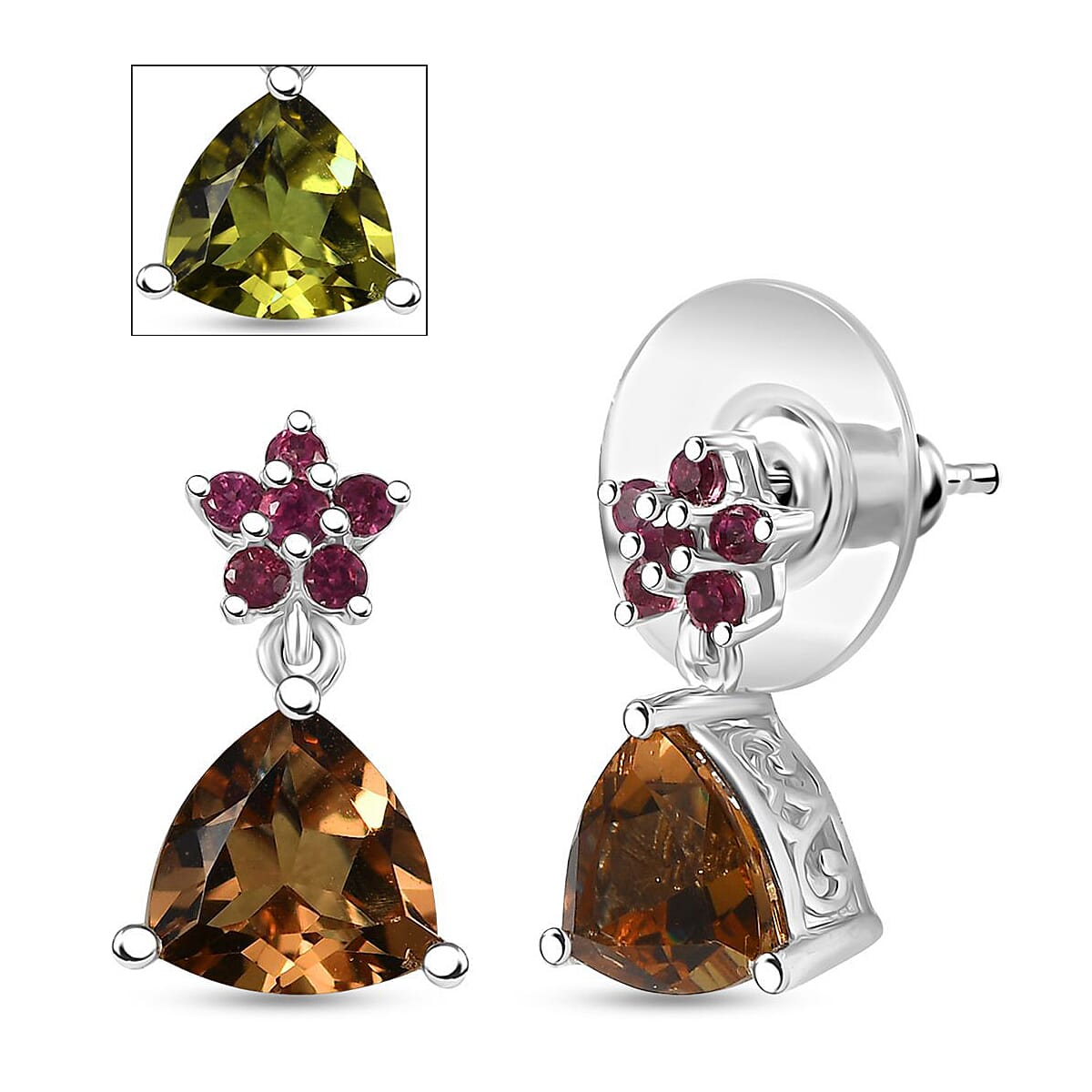 D'Joy Autumn Alexite and Orissa Rhodolite Garnet 3.85 ctw Floral Earrings in Platinum Over Sterling Silver