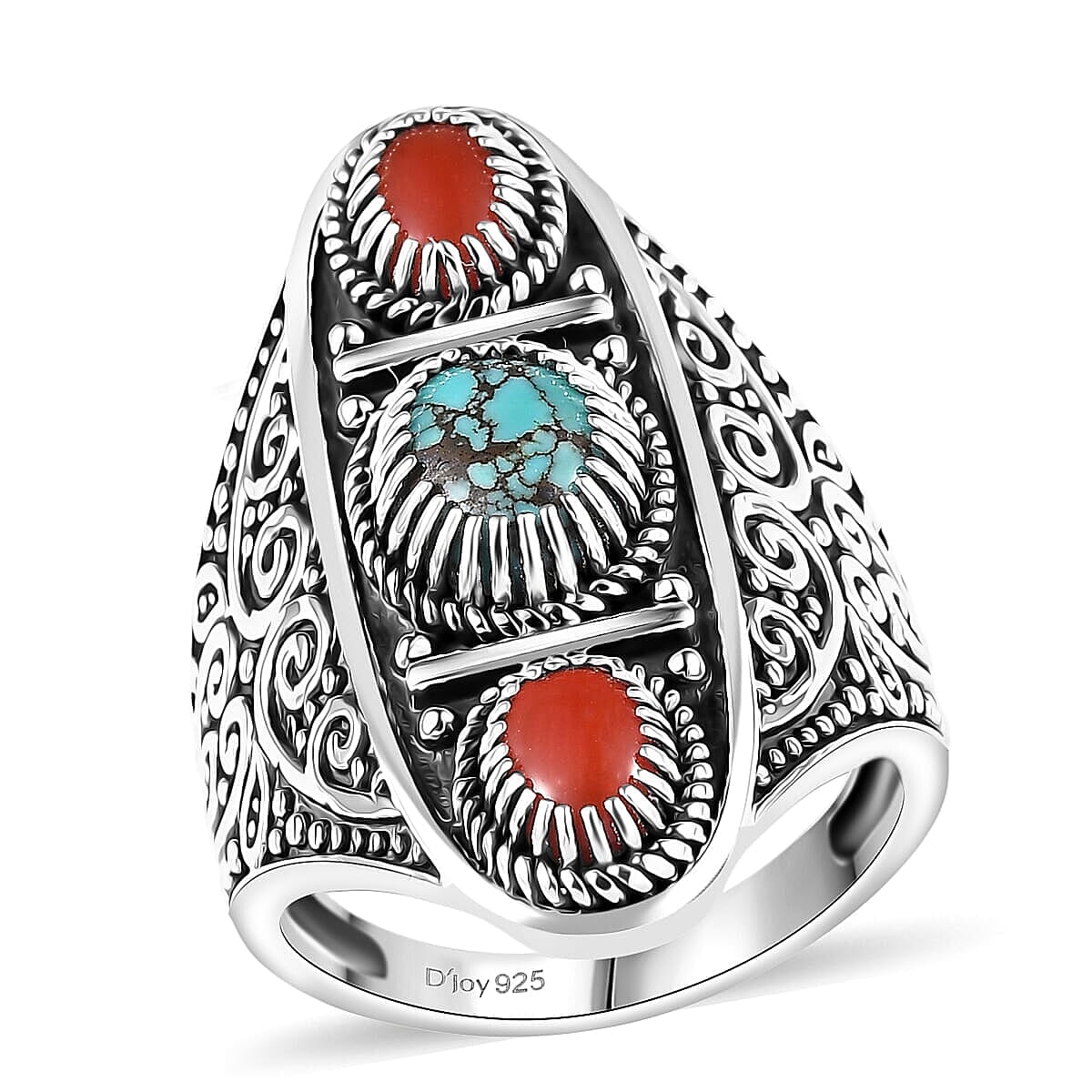 D'Joy Indian Artisan Crafted Blue Moon Turquoise, Coral Ring in Black Oxidised Sterling Silver (Size 10.0) 2.00 ctw