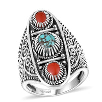 D'Joy Indian Artisan Crafted Blue Moon Turquoise, Coral Ring in Black Oxidised Sterling Silver (Size 10.0) 2.00 ctw