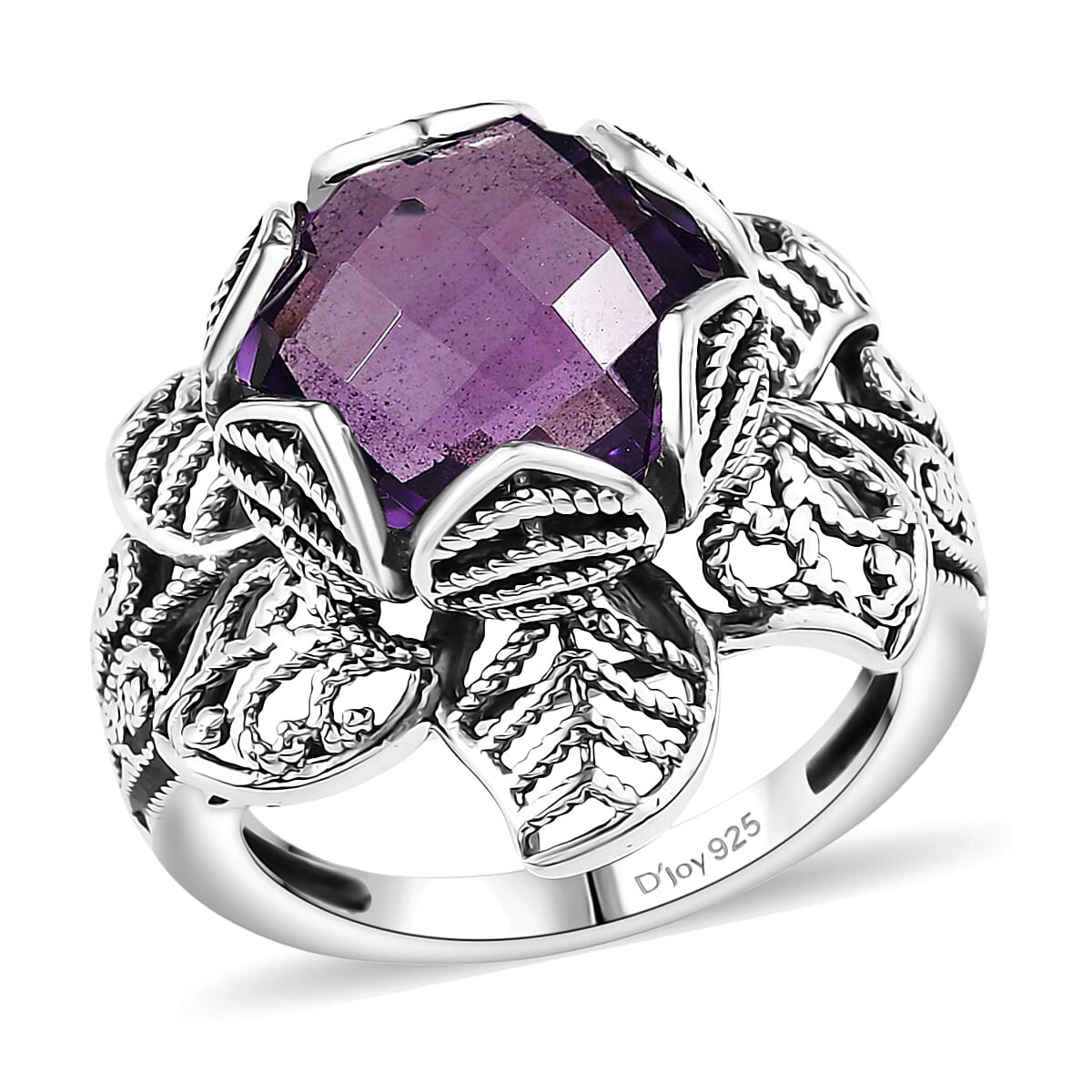 D'Joy Indian Artisan Crafted African Amethyst Ring in Black Oxidised Sterling Silver (Size 10.0) 5.70 ctw
