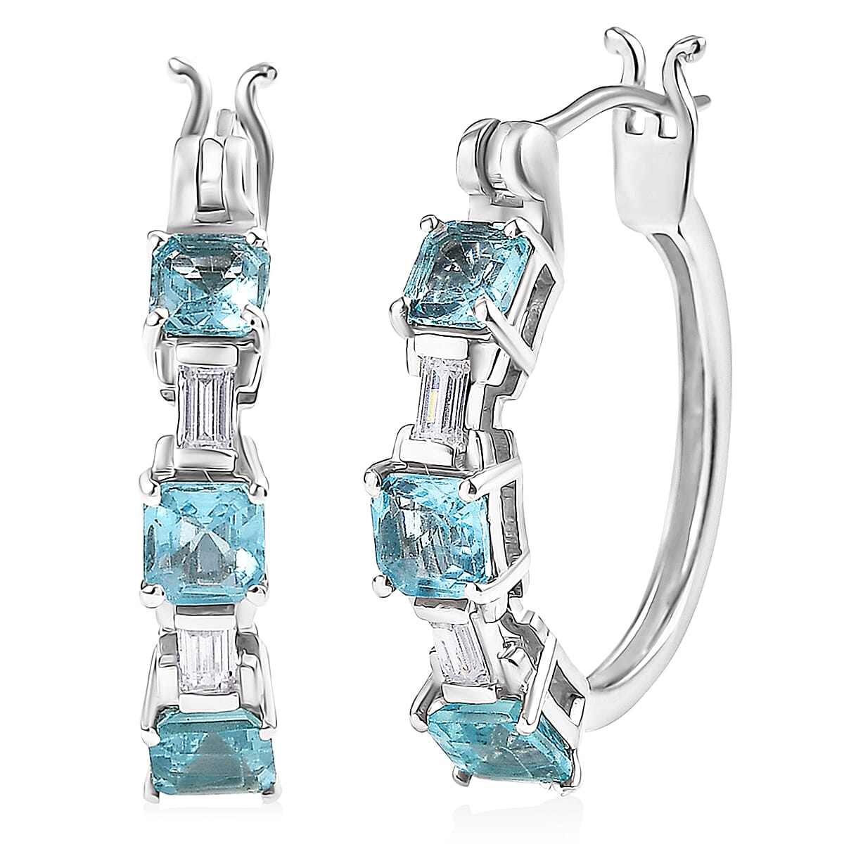 D'Joy Asscher Cut Apatite, Moissanite Hoop Earrings in Rhodium Over Sterling Silver 2.30 ctw