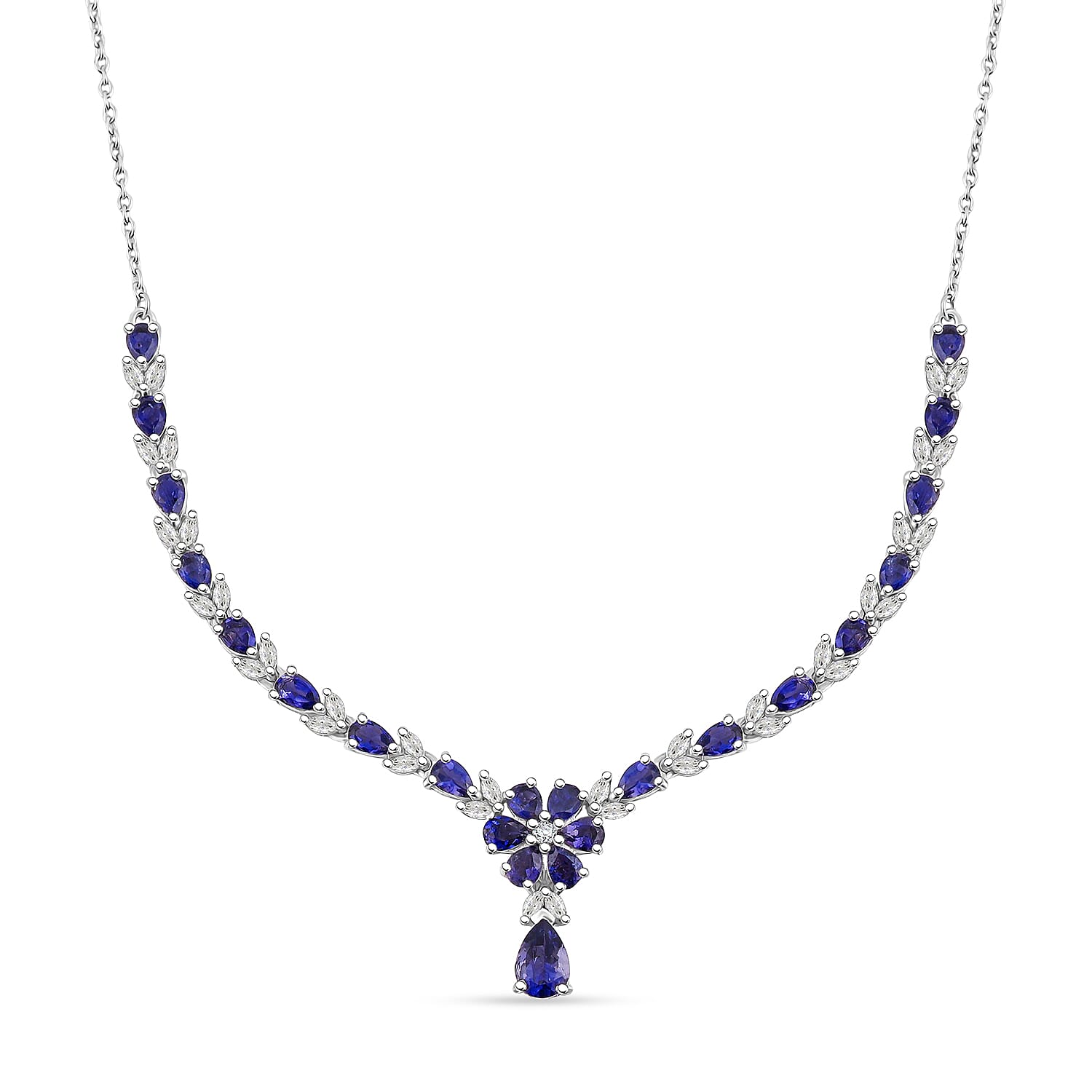 D'Joy Premium Catalina Iolite and Moissanite 4.70 ctw Royal Serenade Necklace in Rhodium Over Sterling Silver 18 Inches