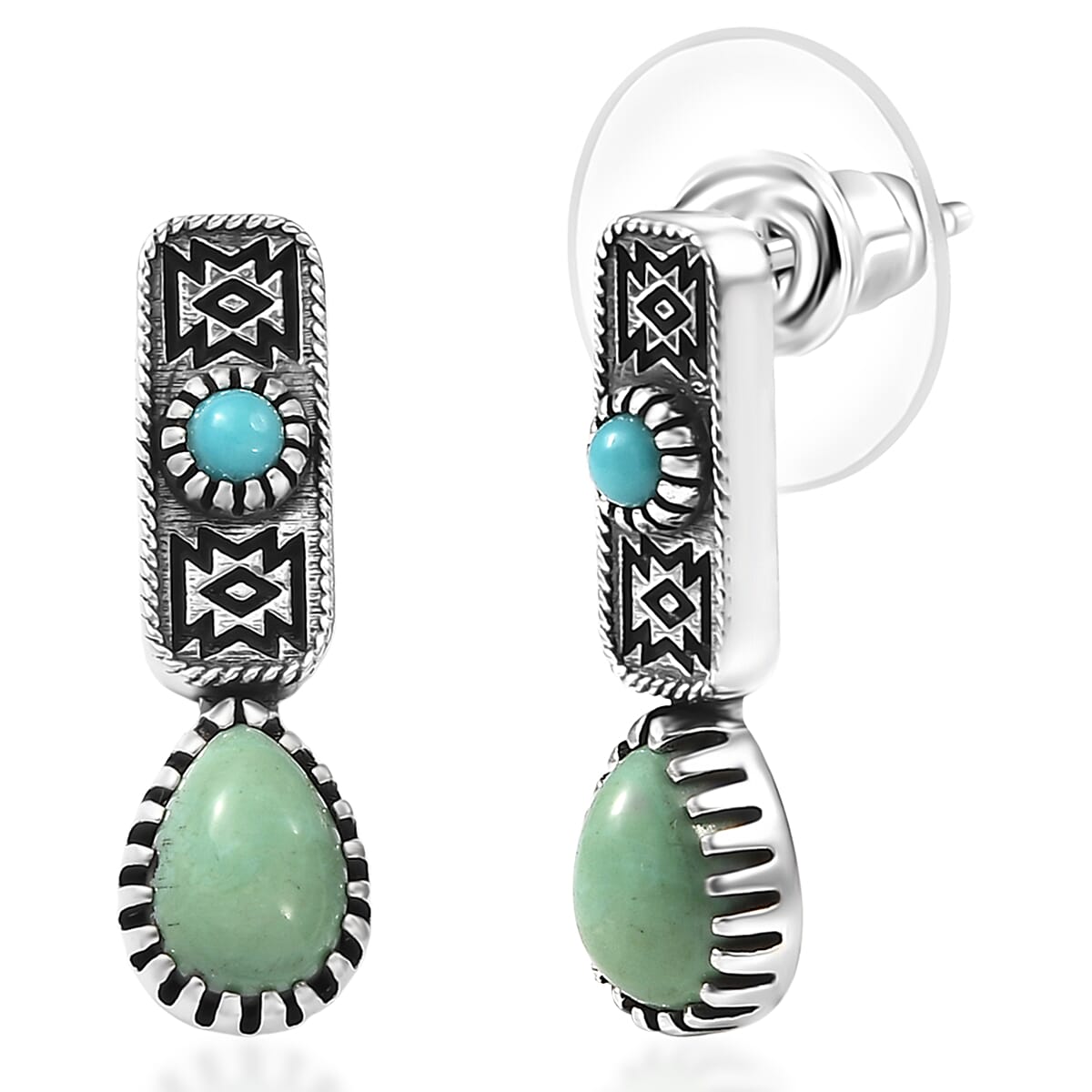 D'Joy Artisan Crafted Royston Turquoise, Lagoon Turquoise Earrings in Black Oxidised Sterling Silver 1.65 ctw
