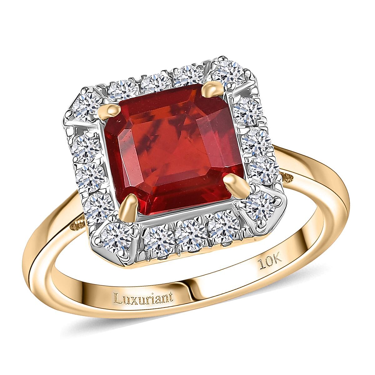 10K Yellow Gold AAA Salamanca Fire Opal, Luxuriant Lab Grown Diamond (G-H, SI) Ring (Size 10.0) 1.85 ctw