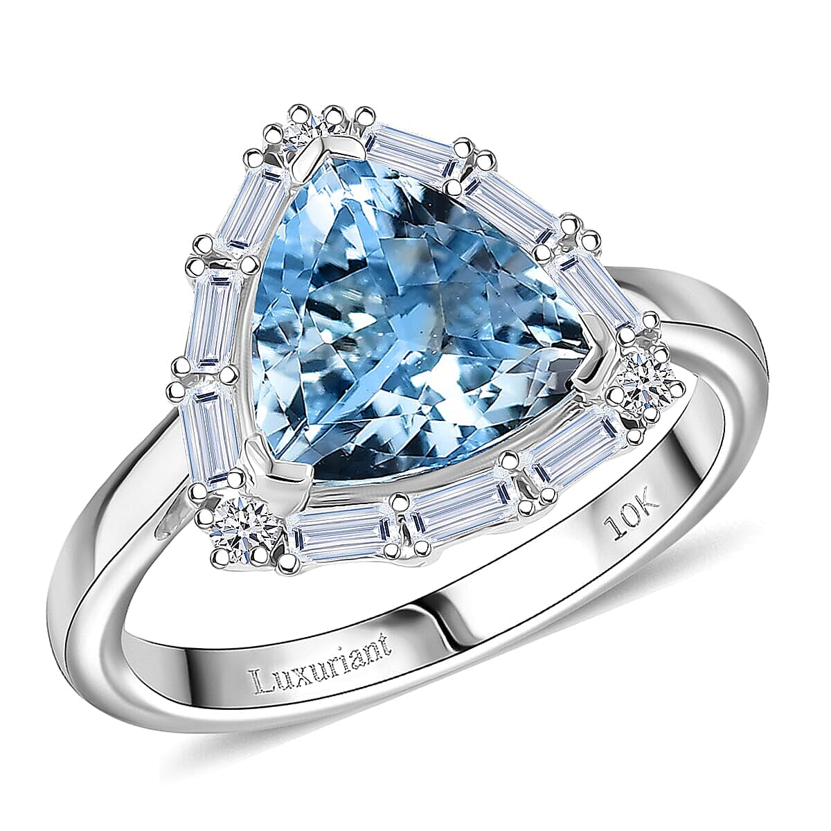 Dan's Pick Certified & Appraised 10K White Gold AAA Esprito Aquamarine, Luxuriant Lab Grown Diamond (G-H, SI) Ring (Size 10.0) 2.50 ctw