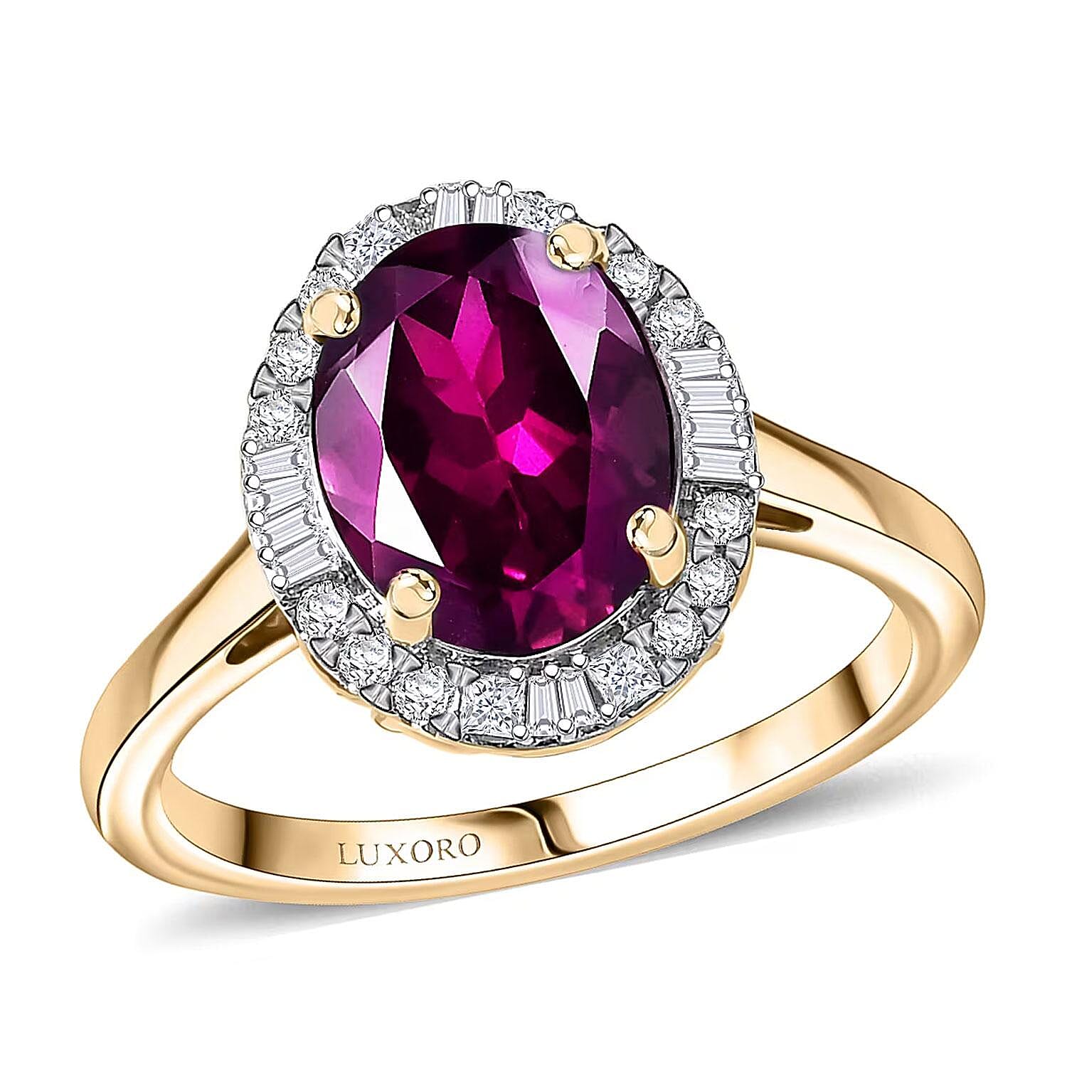 Certified & Appraised Luxoro AAA Radiant Ember Garnet and G-H I2 Diamond 3.30 ctw Halo Ring in 10K Yellow Gold