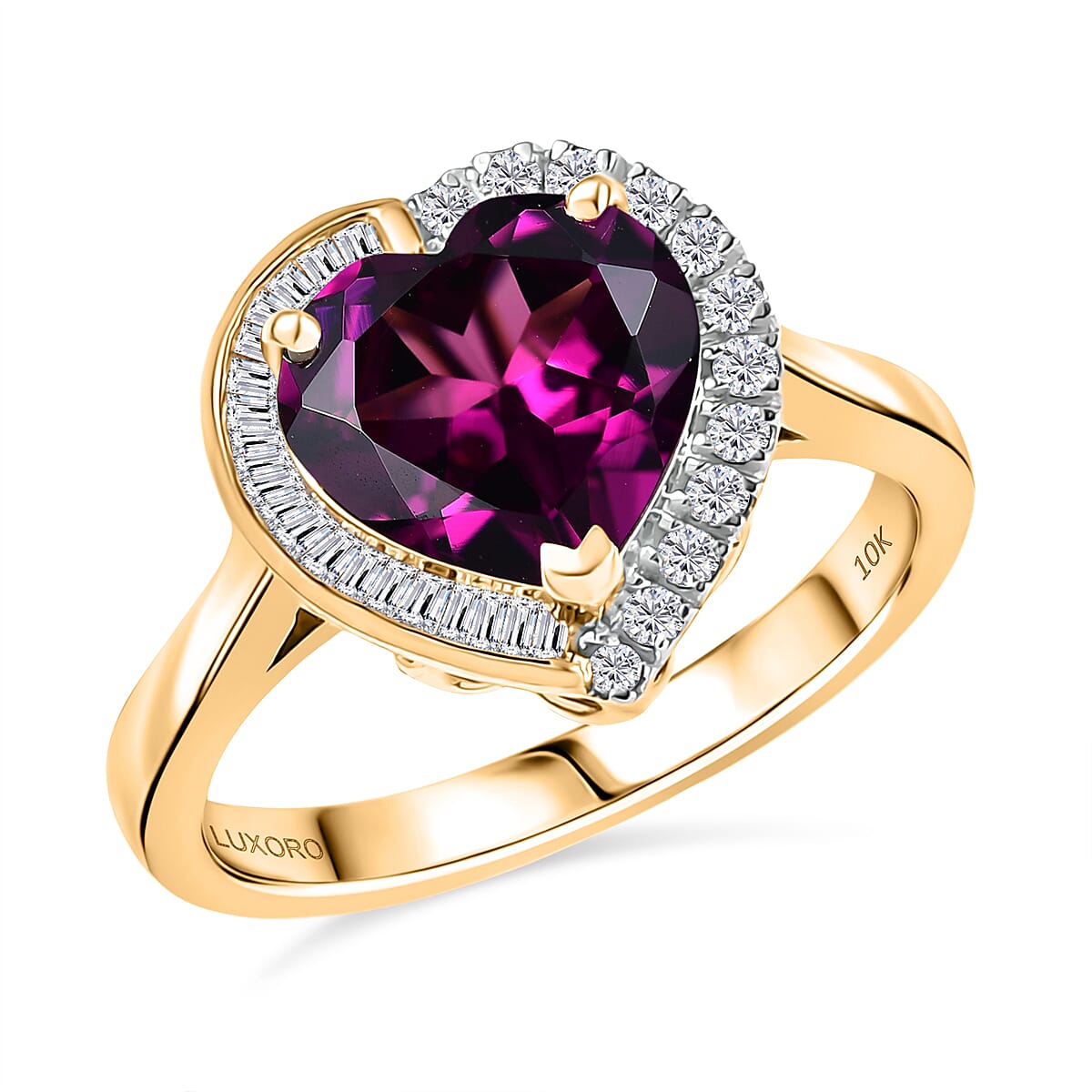 Certified & Appraised Luxoro AAA Radiant Ember Garnet and G-H I2 Diamond 3.00 ctw Heart Ring in 10K Yellow Gold (Size 10.0)
