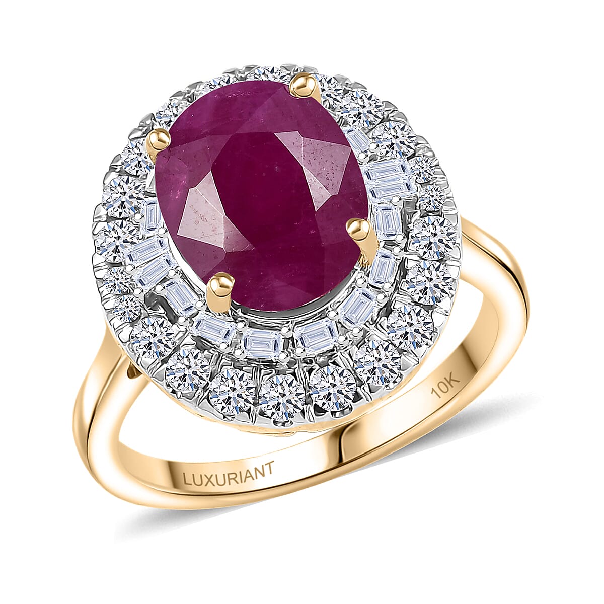 Certified & Appraised 10K Yellow Gold AAA Montepuez Ruby, Luxuriant Lab Grown Diamond (G-H, SI) (0.65 cts) Ballerina Halo Ring 4.75 ctw
