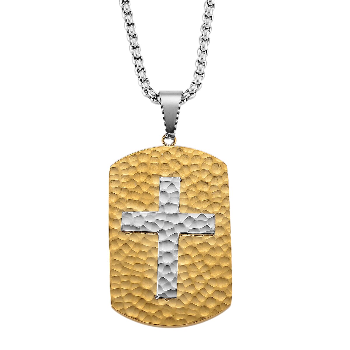 Hammered Cross Pendant Necklace in ION Plated YG and Stainless Steel (20-22 Inches)