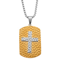 Hammered Cross Pendant Necklace in ION Plated YG and Stainless Steel (20-22 Inches)