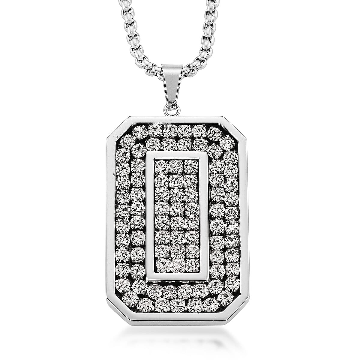 Simulated Diamond Rectangular Pendant Necklace (20-22 Inches) in Stainless Steel