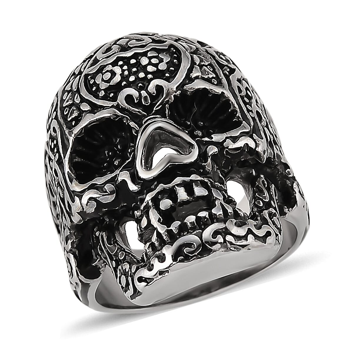 Intricate Skull Ring in Black Oxidized and Stainless Steel (Size 10.0)