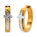 Huggie Hoop Earrings in ION Plated YG and Stainless Steel (Hammered Texture, Cross Design) - Sticky add to cart bar