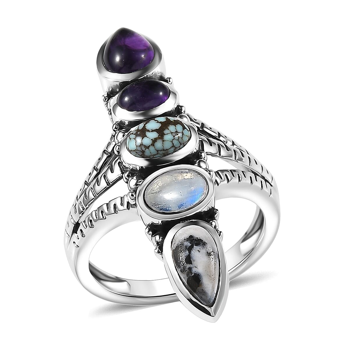D'Joy Indian Artisan Crafted Premium White Buffalo Turquoise,  Multi Gemstone Ring in Black Oxidised Sterling Silver (Size 10.0) 3.20 ctw