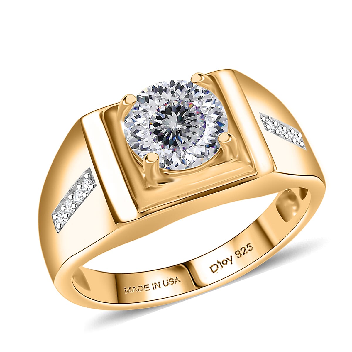 D'Joy Strontium Titanate, Moissanite Men's Ring in 18K Vermeil YG Over Sterling Silver (Size 10.0) 3.10 ctw