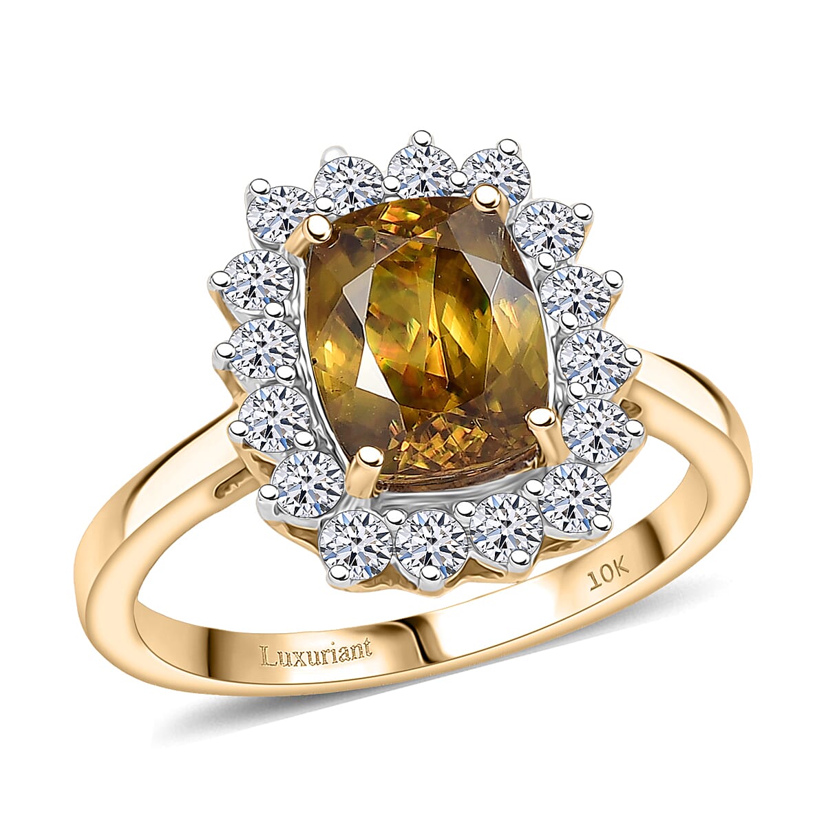 10K Yellow Gold AAA Sava Sphene, Luxuriant Lab Grown Diamond (G-H, SI) (0.54 cts) Ring (Size 10.0) 3.20 ctw
