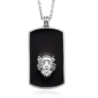 Simulated Diamond Lion Head Dogtag Pendant Necklace (20-22 Inches) in Stainless Steel