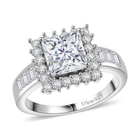 D'Joy Moissanite (Sqr 7mm) Ring in Rhodium Over Sterling Silver (Size 10.0) 2.75 ctw