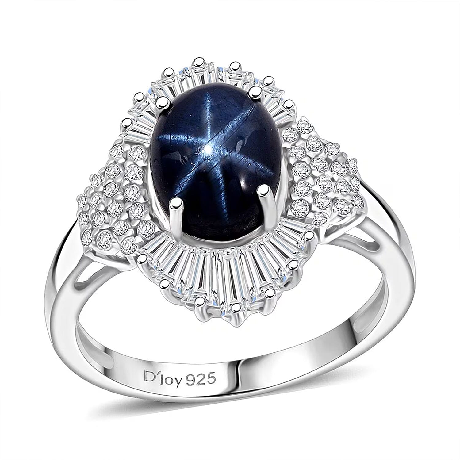 D'Joy Blue Star Sapphire (DF), Moissanite Ring in Rhodium Over Sterling Silver (Size 7.0) 4.10 ctw