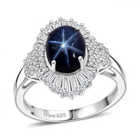 D'Joy Blue Star Sapphire (DF), Moissanite Ring in Rhodium Over Sterling Silver (Size 7.0) 4.10 ctw