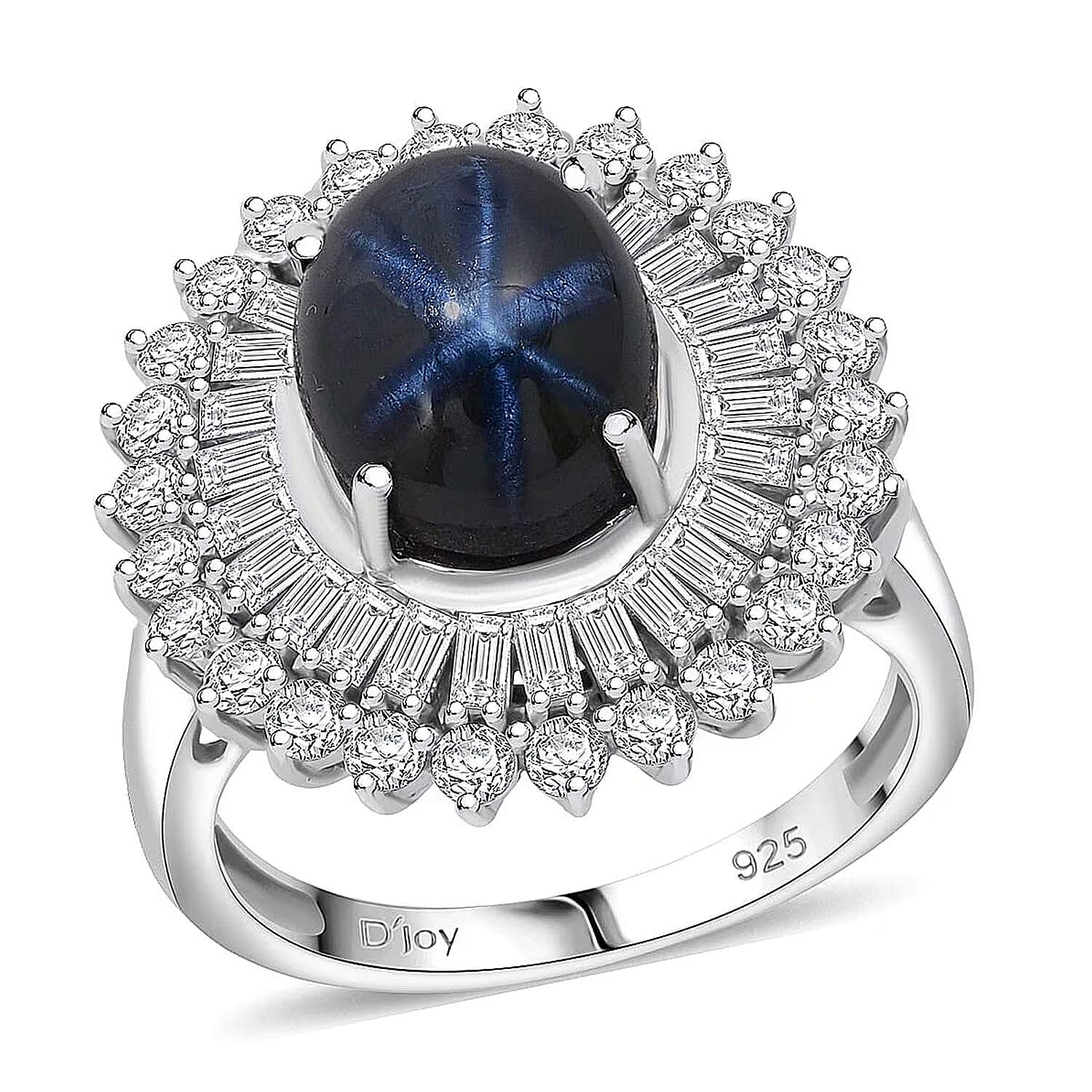 D'Joy Premium Blue Star Sapphire (DF), Moissanite Crown of Eternity Ring in Rhodium Over Sterling Silver (Size 10.0) 7.75 ctw