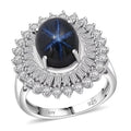 D'Joy Premium Blue Star Sapphire (DF), Moissanite Crown of Eternity Ring in Rhodium Over Sterling Silver (Size 10.0) 7.75 ctw - Sticky add to cart bar
