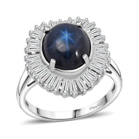 D'Joy Blue Star Sapphire (DF), Moissanite Ring in Rhodium Over Sterling Silver (Size 10.0) 7.20 ctw