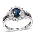 D'Joy Premium Blue Star Sapphire (DF), White and Chocolate Zircon Starfire Ring in Rhodium Over Sterling Silver (Size 10.0) 2.20 ctw - Sticky add to cart bar