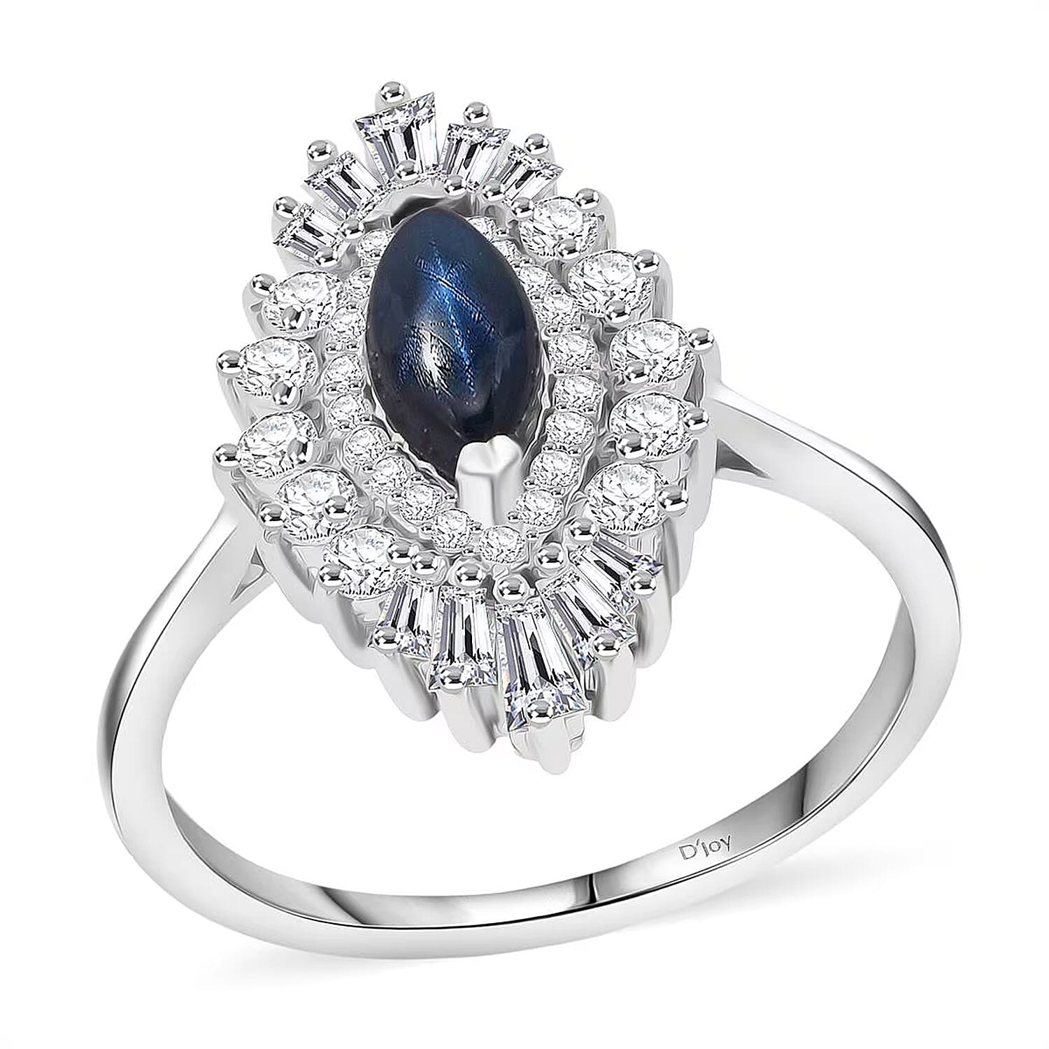 D'Joy Blue Star Sapphire (DF), Moissanite Ring in Rhodium Over Sterling Silver (Size 10.0) 1.65 ctw